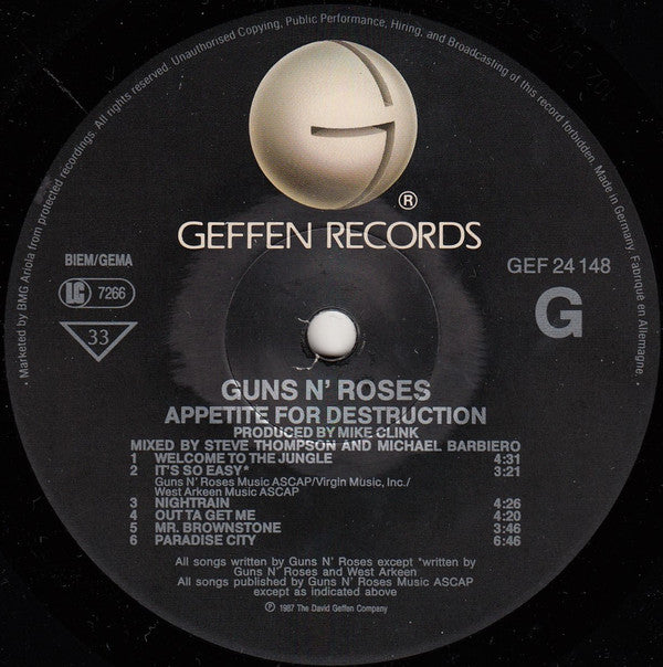 Guns N' Roses : Appetite For Destruction (LP, Album, M/Print, RE)