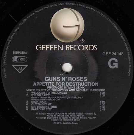 Guns N' Roses : Appetite For Destruction (LP, Album, M/Print, RE)
