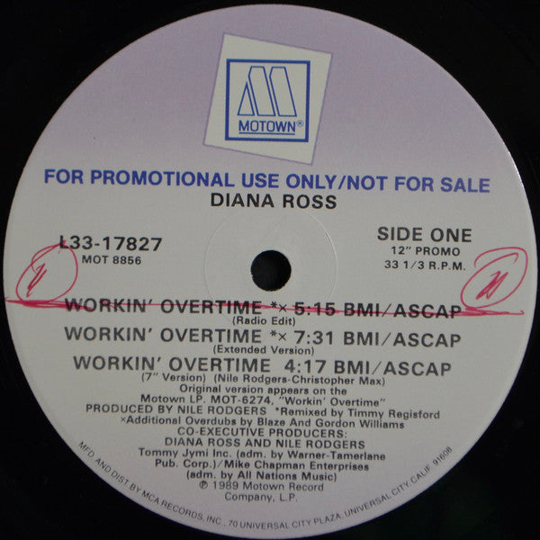 Diana Ross : Workin' Overtime (12", Single, Promo)