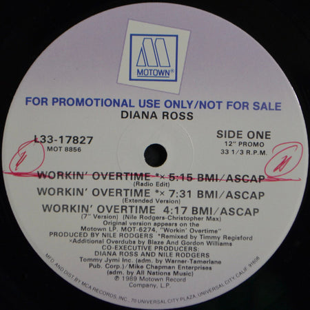 Diana Ross : Workin' Overtime (12", Single, Promo)
