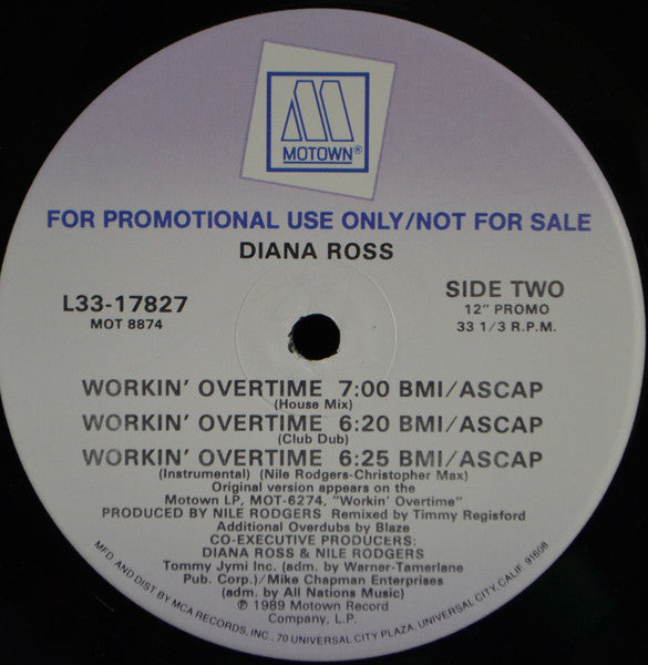 Diana Ross : Workin' Overtime (12", Single, Promo)