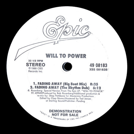Will To Power : Fading Away (12", Single, Promo)