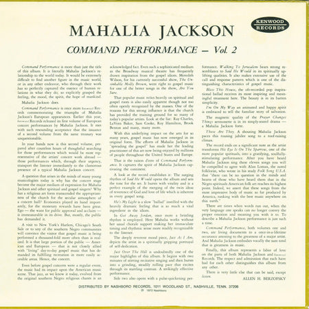 Mahalia Jackson : Kenwood Records Requests The Honor Of Your Presence At The Command Performance Of Mahalia Jackson Re-Creating Her European Concert Tour - Vol. 2 (LP, Comp, RE, Nas)