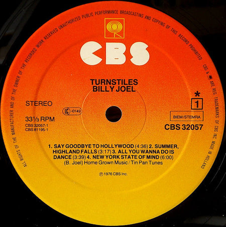 Billy Joel : Turnstiles (LP, Album, RE, Ora)