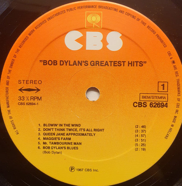 Bob Dylan : Bob Dylan's Greatest Hits (LP, Comp, RE, Mat)