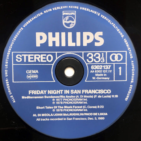 Al Di Meola / John McLaughlin / Paco De Lucía : Friday Night In San Francisco (LP, Album)