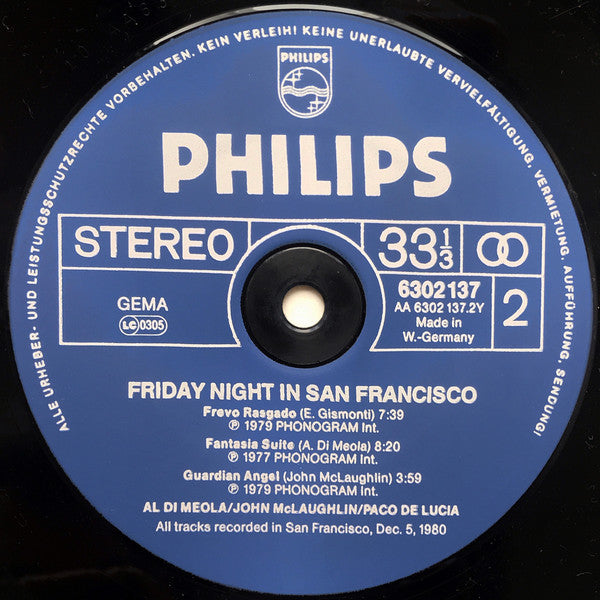 Al Di Meola / John McLaughlin / Paco De Lucía : Friday Night In San Francisco (LP, Album)