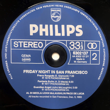 Al Di Meola / John McLaughlin / Paco De Lucía : Friday Night In San Francisco (LP, Album)
