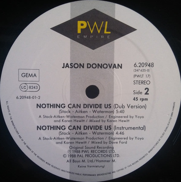 Jason Donovan : Nothing Can Divide Us (12", Maxi)
