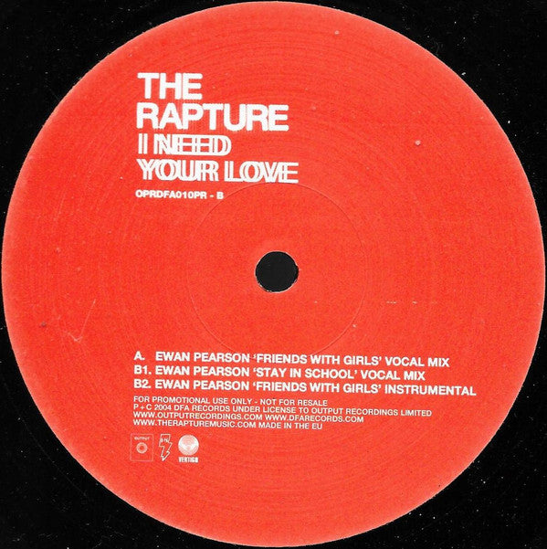 The Rapture : I Need Your Love (Ewan Pearson Remixes) (12", Promo)