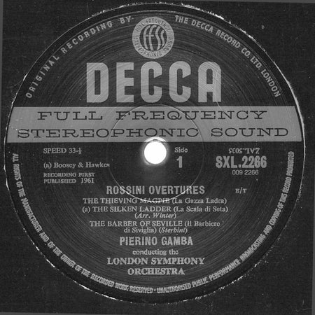 Gioacchino Rossini, London Symphony Orchestra, Pierino Gamba : Overtures (Thieving Magpie . Silken Ladder . Barber Of Seville . Semiramide . William Tell) (LP, RE, RM, 180)