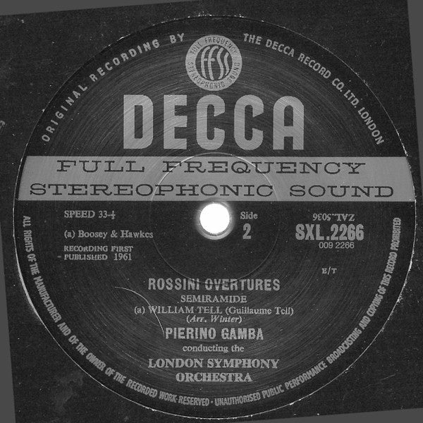 Gioacchino Rossini, London Symphony Orchestra, Pierino Gamba : Overtures (Thieving Magpie . Silken Ladder . Barber Of Seville . Semiramide . William Tell) (LP, RE, RM, 180)