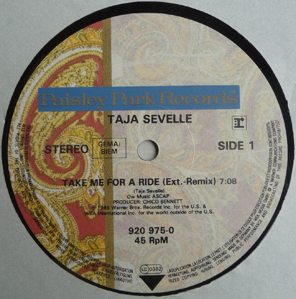 Taja Sevelle : Take Me For A Ride (12", Maxi, Ltd, Pos)