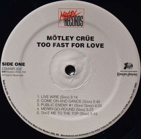 Mötley Crüe : Too Fast For Love (LP, Album, RE, RM, 180)