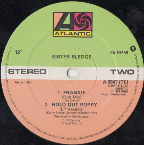 Sister Sledge : Frankie (Club Mix + Dub Mix) / Hold Out Poppy (12", Single, Dam)
