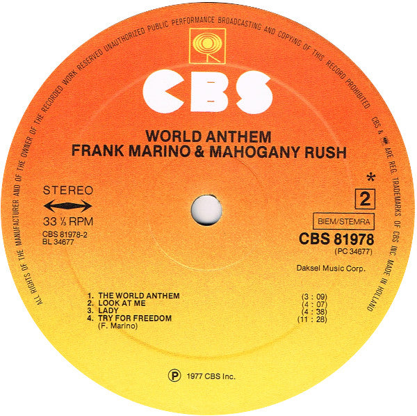 Frank Marino & Mahogany Rush : World Anthem (LP, Album)