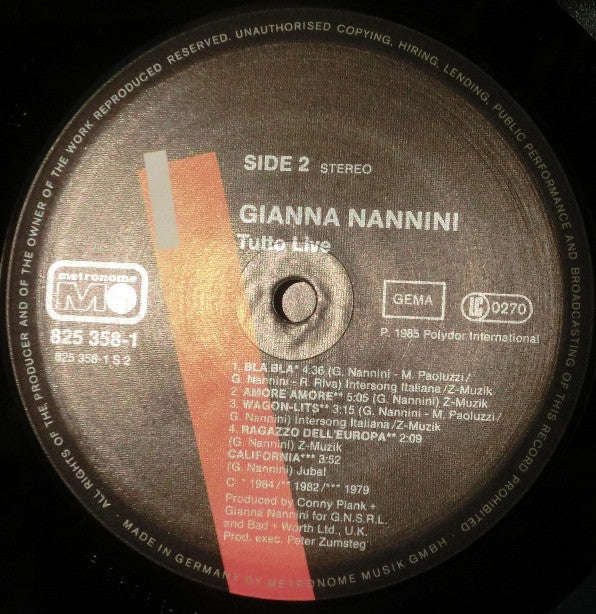 Gianna Nannini & The Primadonnas : Tutto Live (2xLP, Album)