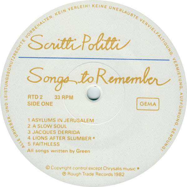 Scritti Politti : Songs To Remember (LP, Album, Emb)