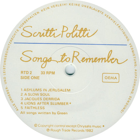 Scritti Politti : Songs To Remember (LP, Album, Emb)