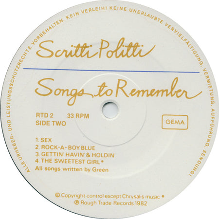 Scritti Politti : Songs To Remember (LP, Album, Emb)