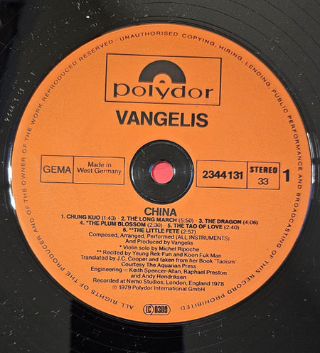 Vangelis : China = 中國 (LP, Album, RE)