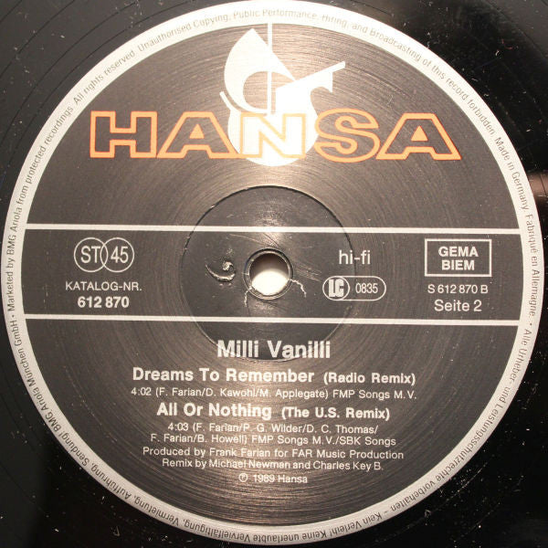 Milli Vanilli : All Or Nothing (The U.S. Mega Mix) (12", Maxi)