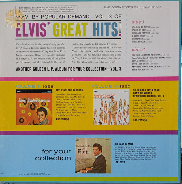 Elvis Presley : Elvis' Golden Records, Vol. 3 (LP, Comp, Promo, RE)