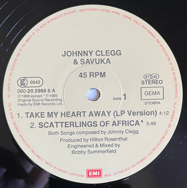 Johnny Clegg & Savuka : Take My Heart Away (12", Single)