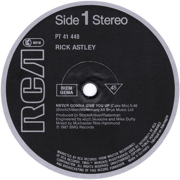 Rick Astley : Never Gonna Give You Up (12", Maxi, M/Print)