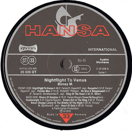 Boney M. : Nightflight To Venus (LP, Album, Gat)