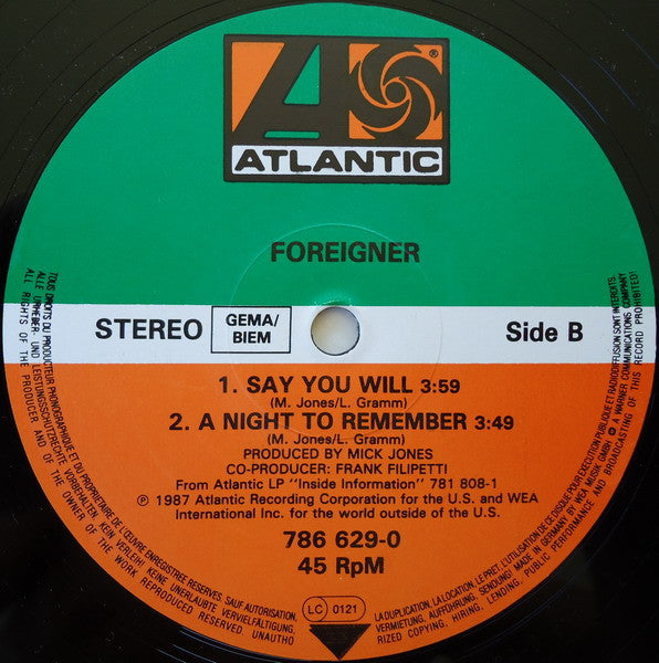 Foreigner : Say You Will (12", Maxi)
