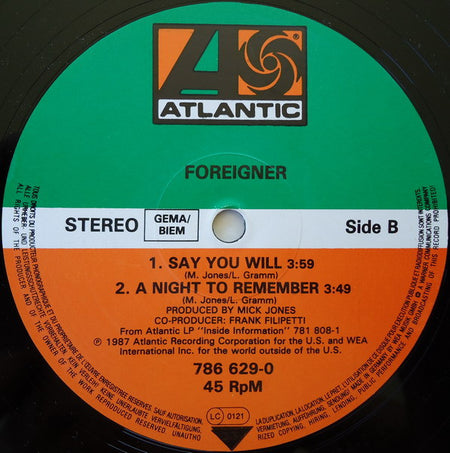 Foreigner : Say You Will (12", Maxi)