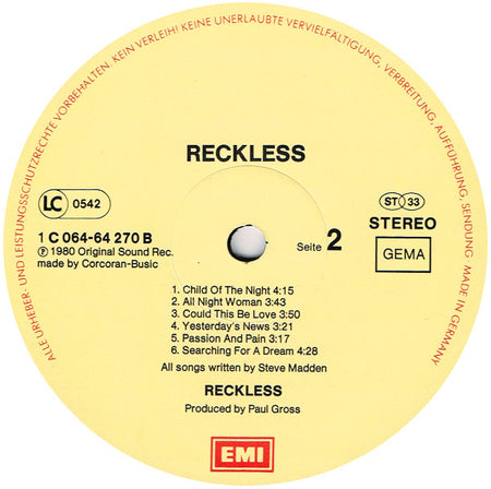 Reckless (8) : Reckless (LP, Album)