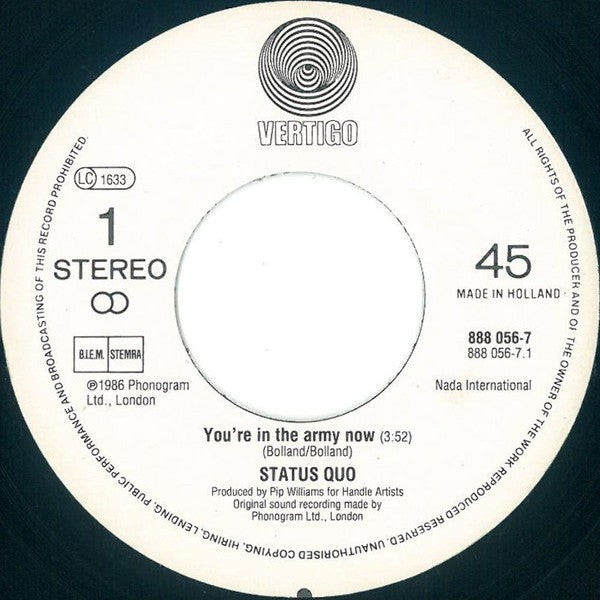 Status Quo : In The Army Now (7", Single)