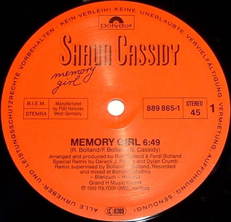 Shaun Cassidy : Memory Girl (12")
