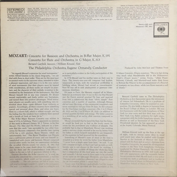 Wolfgang Amadeus Mozart - The Philadelphia Orchestra, Eugene Ormandy : The Four Concertos For Woodwinds And Orchestra Vol. 1 (Concerto For Bassoon, K.191 / Concerto For Flute, K.313) (LP)