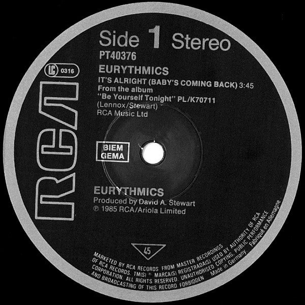 Eurythmics : It's Alright (Baby's Coming Back) (12", Maxi)