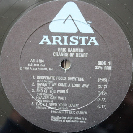 Eric Carmen : Change Of Heart (LP, Album, All)
