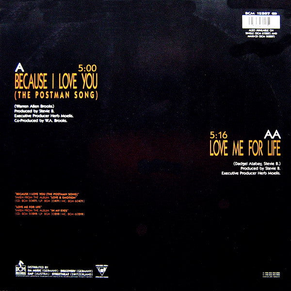 Stevie B.* : Because I Love You (The Postman Song) / Love Me For Life (12", Maxi)