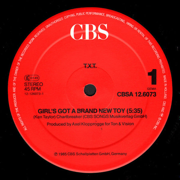 T.X.T. : Girl's Got A Brand New Toy (Extraordinary D.J.-Mix) (12", Maxi, RP, Red)