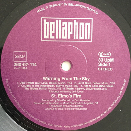 St. Elmo's Fire : Warning From The Sky (LP, Album)