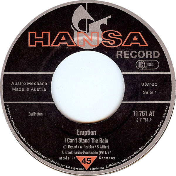 Eruption (4) Featuring Precious Wilson : I Can't Stand The Rain (7", Single)