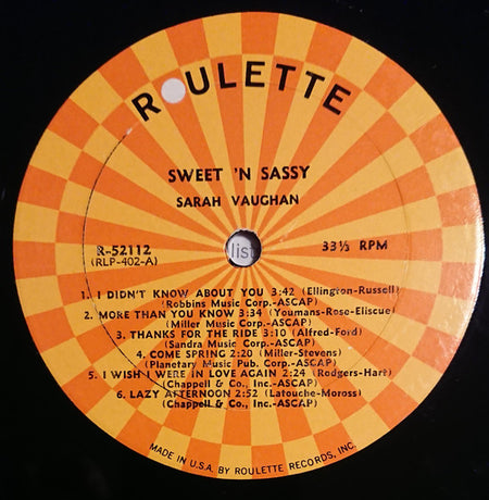Sarah Vaughan : Sweet 'N' Sassy (LP, Album, Mono)