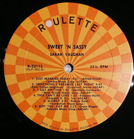 Sarah Vaughan : Sweet 'N' Sassy (LP, Album, Mono)