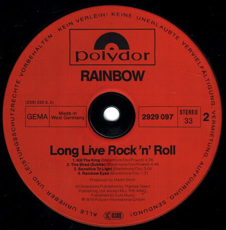 Rainbow : Long Live Rock 'N' Roll (LP, Album, RP)