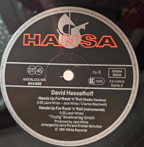 David Hasselhoff : Hands Up For Rock 'N' Roll (12", Maxi)