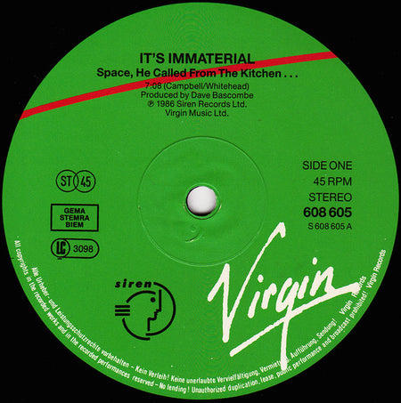 It's Immaterial : Space (He Called From The Kitchen) (12", Single, Sup)