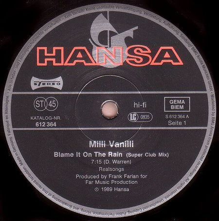 Milli Vanilli : Blame It On The Rain (12", Maxi)