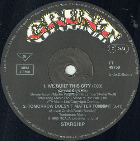 Starship (2) : Nothing's Gonna Stop Us Now  (From The Twentieth Century Fox Motion Picture Mannequin) (12", Maxi)