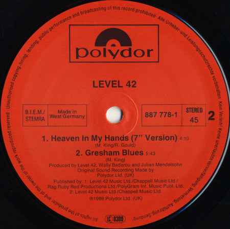 Level 42 : Heaven In My Hands (U.S. Remix) (12")
